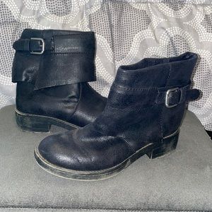 Fold-over, faux-suede, buckle low-rise boots